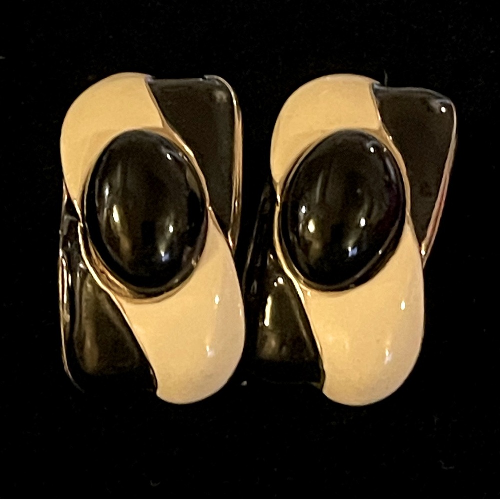 M.Jent Gold Clip On Earrings with Black and Cream Enamel Vintage